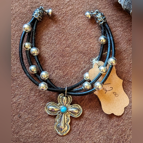 New Handcrafted Black Corded Bracelet With Silver Color Beads and Cross Charm - Picture 4 of 8